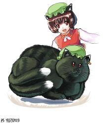 Rule 34 | 1girl, absurdres, animal ear fluff, black cat, cat, chen, chen (cat), commentary, dated, earrings, english commentary, green headwear, hat, highres, jewelry, mob cap, multiple tails, multiple views, nekomata, profitshame, red eyes, signature, simple background, single earring, tail, touhou, two tails, white background