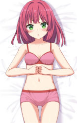 Rule 34 | 1girl, :o, bare arms, bare shoulders, bed sheet, blush, boyshort panties, bra, collarbone, commentary request, cowboy shot, gluteal fold, green eyes, hair intakes, highres, looking at viewer, lying, midriff, navel, on back, open mouth, original, own hands together, panties, parted lips, pink bra, pink panties, red hair, short shorts, shorts, solo, takasuma hiro, underwear, underwear only