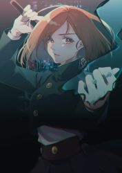 Rule 34 | 1girl, abstract background, absurdres, arm up, black jacket, bob cut, brown eyes, brown hair, buttons, chromatic aberration, clenched hand, commentary request, eyelashes, gakuran, hammer, highres, holding, holding hammer, holding nail, huge filesize, jacket, jujutsu kaisen, kugisaki nobara, nail, outstretched arm, parted lips, school uniform, serious, short hair, solo, suna co