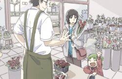 Rule 34 | 1girl, 2boys, apron, arm up, bag, black hair, black pants, blue shirt, bouquet, closed eyes, collared shirt, commentary, counter, facial hair, father and daughter, flower, flower shop, glasses, green apron, green hair, grey jacket, highres, holding, holding bouquet, hood, hood down, hooded jacket, indoors, jacket, jumbo, koiwai yotsuba, long sleeves, looking at another, marutei2, mr. koiwai, multiple boys, open mouth, pants, plant, potted plant, quad tails, red bag, red flower, red jacket, red rose, red tulip, rose, shirt, shop, short hair, shoulder bag, smile, standing, stool, stubble, symbol-only commentary, tulip, white shirt, yotsubato!