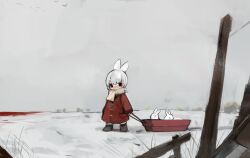 Rule 34 | 1girl, animal, animal ears, blush, braid, brown footwear, child, coat, commentary, day, grey hair, highres, nose blush, original, outdoors, rabbit ears, red coat, red eyes, shirokujira, simple bird, sled, snow, solo, standing, white rabbit (animal), wide shot, winter, winter clothes, winter coat
