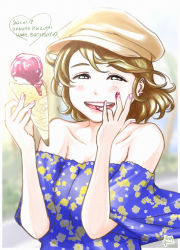 Rule 34 | 1girl, absurdres, artist name, artist request, bare shoulders, blue dress, blush, breasts, brown hair, brown headwear, cleavage, collarbone, dress, earrings, female focus, flower print, hair between eyes, highres, holding, holding ice cream cone, ice cream cone, jewelry, koizumi hanayo, love live!, love live! school idol project, medium breasts, nefielia, parted lips, purple eyes, short hair, smile, solo, upper body