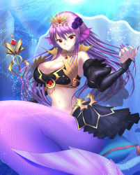 Rule 34 | 1girl, air bubble, armpits, bad id, bad pixiv id, bare shoulders, bikini, bikini skirt, black bikini, black skirt, black sleeves, breasts, bubble, clam shell, cleavage, collarbone, commentary, detached sleeves, fingernails, fins, floating hair, flower, gold choker, groin, hair between eyes, hair flower, hair ornament, hand up, head fins, highres, holding, holding staff, large breasts, light rays, long fingernails, long hair, looking at viewer, mermaid, midriff, monster girl, nagata tobari, nail polish, navel, original, parted lips, pillar, pillow, puffy detached sleeves, puffy sleeves, purple hair, purple nails, red eyes, scales, sidelocks, sitting, sitting on pillow, skirt, solo, staff, sunbeam, sunlight, swimsuit, tiara, underwater, witch