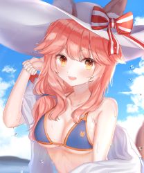 Rule 34 | absurdres, animal ear fluff, animal ears, bad id, bad pixiv id, bikini, blue bikini, breasts, cleavage, day, ears through headwear, fang, fate/grand order, fate (series), fox ears, fox tail, h4m (nacho0101), hat, highres, large breasts, looking at viewer, open mouth, outdoors, pink hair, ribbon, side-tie bikini bottom, solo, sun hat, swimsuit, tail, tamamo (fate), tamamo no mae (fate/extra), tamamo no mae (swimsuit lancer) (fate), tamamo no mae (swimsuit lancer) (third ascension) (fate), yellow eyes