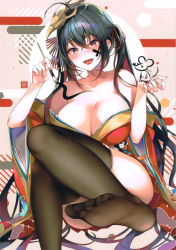 Rule 34 | 1girl, :d, absurdres, ahoge, azur lane, bare shoulders, black hair, black thighhighs, blush, body writing, breasts, calligraphy brush, cleavage, convenient leg, drawing on own face, facial mark, feet out of frame, grey background, hair between eyes, hair ribbon, hands up, head tilt, highres, holding, holding brush, japanese clothes, kimono, large breasts, long hair, long sleeves, looking at viewer, mask, mask on head, mirei, new year, no shoes, off shoulder, open mouth, paintbrush, red eyes, red kimono, red ribbon, ribbon, scan, scan artifacts, sidelocks, smile, solo, taihou (azur lane), thighhighs, thighs, twintails, wide sleeves