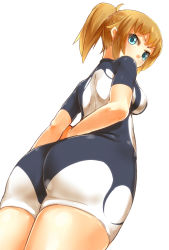 Rule 34 | 10s, 1girl, arms behind back, ass, blue eyes, blush, breasts, brown hair, from behind, from below, gundam, gundam build fighters, gundam build fighters try, highres, hoshino fumina, large breasts, looking at viewer, nishiuri, ponytail, simple background, solo, white background