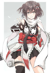 Rule 34 | 1girl, absurdres, black gloves, black skirt, black thighhighs, brown eyes, brown hair, buttons, cannon, dairyo3, double-breasted, elbow gloves, fingerless gloves, gloves, highres, kantai collection, miniskirt, neckerchief, night battle idiot, pleated skirt, scarf, school uniform, searchlight, sendai (kancolle), sendai kai ni (kancolle), serafuku, single thighhigh, skirt, solo, thigh strap, thighhighs, turret, two side up, white scarf