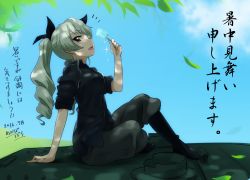 Rule 34 | 10s, 1girl, 2016, anchovy (girls und panzer), aoi bara, arm support, artist name, black footwear, black shirt, blouse, boots, carro armato p40, dappled sunlight, dated, day, dress shirt, drill hair, food, from side, full body, girls und panzer, green hair, grey pants, hair ribbon, knee boots, leaf, leaning back, long hair, long sleeves, looking at viewer, military, military uniform, military vehicle, motor vehicle, no jacket, on vehicle, outdoors, pants, pants tucked in, partially translated, popsicle, red eyes, ribbon, shirt, shochuumimai, signature, sitting, sky, sleeves rolled up, solo, summer, sunlight, tank, translation request, twin drills, twintails, unbuttoned, uniform, untucked shirt