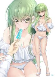 1boy 1girl artist_name bare_shoulders breasts budgiepon c.c. code_geass food food_in_mouth green_hair highres long_hair medium_breasts popsicle popsicle_in_mouth simple_background swimsuit thighs white_background yellow_eyes