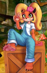 Rule 34 | 1girl, animal ears, animal nose, arm support, artist name, barefoot, blonde hair, blue overalls, coco bandicoot, crash bandicoot (series), crate, dated, fang, feet, female focus, flower, full body, furaffinity logo, furaffinity username, furry, furry female, green eyes, hair flower, hair ornament, highres, long hair, looking at viewer, mushroom, overalls, patreon username, pink flower, rysonanthrodog, sharp toenails, shirt, short sleeves, sitting, smile, snout, soles, solo, teeth, toenails, toes, v, watermark, web address, white shirt, wooden box