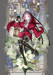 Rule 34 | 1girl, boots, flower, high heels, hood, knee boots, lamp, lantern, lily (flower), long hair, na222222, original, shoes, solo, star (symbol), sword, thigh boots, thighhighs, very long hair, weapon, white hair