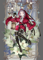 1girl boots female_focus flower high_heels hood knee_boots lamp lantern lily_(flower) long_hair na222222 original shoes solo star_(symbol) sword thigh_boots thighhighs very_long_hair weapon white_hair