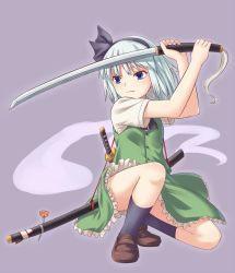 Rule 34 | 1girl, arms up, black bow, black socks, blue eyes, bow, brown footwear, buttons, closed mouth, full body, green skirt, hair bow, holding, holding sword, holding weapon, konpaku youmu, konpaku youmu (ghost), looking to the side, miyo (ranthath), on one knee, purple background, scabbard, sheath, sheathed, short hair, short sleeves, simple background, skirt, skirt set, socks, solo, sword, touhou, two-handed, unsheathed, weapon, white hair
