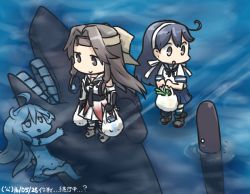 Rule 34 | 3girls, :o, abyssal ship, ahoge, black hair, blush, bow, brown eyes, brown hair, commentary request, dated, detached sleeves, elbow gloves, forehead protector, gloves, groceries, hachimaki, hair bow, hair intakes, hamu koutarou, headband, jintsuu (kancolle), kantai collection, long hair, multiple girls, neckerchief, ocean, open mouth, pleated skirt, remodel (kantai collection), school uniform, serafuku, skirt, smile, submarine princess, submerged, torpedo, ushio (kancolle)