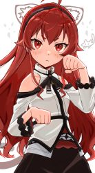 Rule 34 | 1girl, :&lt;, absurdres, ahoge, amamoru 21, belt, blush, breasts, collarbone, commentary request, eris greyrat, female focus, hair between eyes, headband, highres, looking at viewer, mushoku tensei, paw pose, red eyes, red hair, simple background, small breasts, solo, upper body, white background