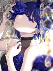 Rule 34 | 1girl, bare shoulders, black choker, blue flower, blue hair, blue rose, blunt bangs, blurry, blurry foreground, bokeh, choker, collarbone, commentary request, dark blue hair, depth of field, ear piercing, eyelashes, flower, gem, hand on own chest, hand up, head tilt, highres, jenevan, looking at viewer, nail polish, one eye covered, original, parted lips, piercing, purple eyes, purple flower, purple hair, purple rose, rose, shaded face, short hair, solo, sparkle, upper body