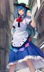 Rule 34 | 1girl, absurdres, black hat, blue hair, blue skirt, blush, buttons, cellphone, center frills, collared shirt, feet out of frame, food, food-themed hat ornament, frills, fruit, fruit hat ornament, hair between eyes, hat, hat ornament, highres, hinanawi tenshi, holding, holding phone, long hair, open mouth, peach, phone, puffy short sleeves, puffy sleeves, rainbow order, red eyes, shirt, short sleeves, signature, skirt, smartphone, smile, solo, touhou, welt (kinsei koutenkyoku), white shirt