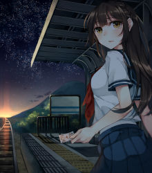 Rule 34 | 1girl, blouse, blue skirt, brown eyes, brown hair, dusk, from side, long hair, looking at viewer, looking back, mountain, neckerchief, open mouth, original, outdoors, parted lips, pleated skirt, railroad tracks, rinarisa, school uniform, serafuku, shirt, short sleeves, skirt, sky, solo, star (sky), starry sky, sunset, tactile paving, ticket, train station, white shirt