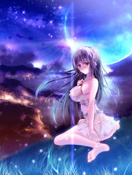 Rule 34 | 10s, 1girl, bare shoulders, barefoot, black hair, breasts, dress, covered erect nipples, fantasy, fukuda shuushi, full moon, grass, hairband, hand on own chest, headgear, highres, kantai collection, lake, large breasts, light rays, lights, long hair, looking at viewer, moon, moonlight, nagato (kancolle), ocean, planet, puffy nipples, red eyes, scenery, sitting, smile, soles, solo, sundress, sunlight, wariza, water