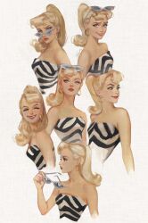 Rule 34 | 1girl, absurdres, barbie (character), barbie (franchise), blonde hair, earrings, grey eyes, highres, hoop earrings, jewelry, lipstick, long hair, makeup, one-piece swimsuit, ponytail, red lips, smile, solo, striped clothes, striped one-piece swimsuit, sunglasses, swimsuit, tasiams, vertical-striped clothes, vertical-striped one-piece swimsuit