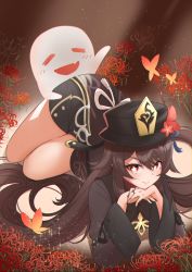 Rule 34 | 1girl, absurdres, blush, brown hair, bug, butterfly, closed eyes, flower, genshin impact, ghost, half-closed eyes, hand up, hat, highres, hu tao (genshin impact), insect, jewelry, long hair, long sleeves, looking at viewer, lying, own hands together, red eyes, ring, shorts, smile, symbol-shaped pupils, twintails, very long hair, waving, wide sleeves, yasutomo! (akuasky)