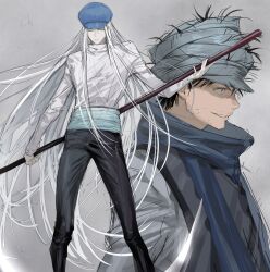 Rule 34 | 2boys, absurdres, black eyes, black hair, black pants, blue headwear, blue scarf, chamuring, closed mouth, cowboy shot, facial hair, ging freecss, grey background, grey headwear, grey robe, hat, highres, holding, holding polearm, holding weapon, hunter x hunter, kite (hunter x hunter), long hair, long sleeves, looking at viewer, male focus, multiple boys, pants, parted lips, polearm, profile, robe, scarf, shirt, smile, standing, stubble, upper body, weapon, white hair, white shirt