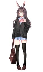 Rule 34 | 1girl, absurdres, ahoge, animal ears, arm at side, bag, bag charm, black cardigan, black thighhighs, blue shirt, blue skirt, bow, bowtie, brown bag, brown eyes, brown footwear, brown hair, buttons, cardigan, charm (object), closed mouth, earrings, expressionless, full body, hair between eyes, hair ornament, hairclip, hand up, highres, holding, holding bag, jewelry, loltinami, long hair, looking at viewer, pink bow, pink bowtie, pleated skirt, rabbit ears, school bag, school uniform, shirt, shoes, simple background, single earring, skindentation, skirt, sleeves past wrists, solo, standing, striped clothes, striped skirt, tachi-e, thighhighs, tinami (vtuber), vdonburi, virtual youtuber, white background, zettai ryouiki