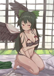 Rule 34 | 1girl, apron, arm under breasts, barefoot, between legs, bird wings, blush, bow, bra, breasts, closed mouth, collarbone, commentary request, embarrassed, full body, furrowed brow, green bow, green hair, hair bow, hand between legs, hand on own arm, highres, indoors, isemori, kneeling, long hair, looking at viewer, medium breasts, navel, panties, red eyes, reiuji utsuho, solo, stomach, toes, touhou, underwear, underwear only, waist apron, wings