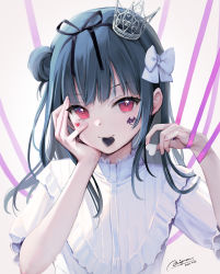Rule 34 | 1girl, black ribbon, blue hair, blunt bangs, bow, candy, chocolate, chocolate heart, closed mouth, commentary request, crown, dated, eyelashes, facepaint, food, food in mouth, frills, hair bow, hair bun, hair ribbon, hand on own cheek, hand on own face, heart, highres, holding, long hair, looking at viewer, love live!, love live! sunshine!!, mignon, mouth hold, pink eyes, pink ribbon, ribbon, short sleeves, side bun, signature, single hair bun, single side bun, smile, solo, tsushima yoshiko, upper body, white bow