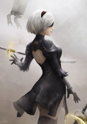 Rule 34 | 1girl, back cutout, black gloves, black hairband, black thighhighs, blindfold, breasts, cheesewoo, clothing cutout, dress, floating, floating object, floating sword, floating weapon, from side, gloves, hairband, highres, katana, nier:automata, nier (series), pod (nier:automata), short hair, solo, sword, thighhighs, weapon, white hair, 2b (nier:automata), zettai ryouiki