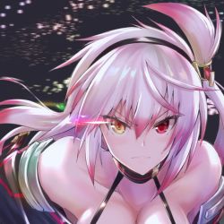 Rule 34 | 1girl, asahi, bare shoulders, breasts, cleavage, closed mouth, collarbone, fuuma aki, heterochromia, large breasts, lilith-soft, multicolored hair, navel, pink hair, serious, shiny skin, solo, taimanin (series), taimanin rpgx, white hair