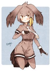 Rule 34 | 10s, 1girl, absurdres, bad id, bad twitter id, bird tail, bird wings, blonde hair, blush, collared shirt, commentary request, cowboy shot, elbow gloves, enk 0822, fingerless gloves, gloves, grey hair, hair tie, head wings, highres, kemono friends, multicolored hair, necktie, pantyhose, shirt, shoebill (kemono friends), short hair, shorts, solo, t-shirt, tail, wings