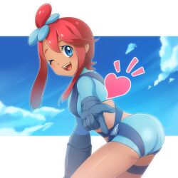 Rule 34 | 1girl, ass, blue eyes, blue gloves, blue jacket, blue shorts, breasts, creatures (company), crop top, cropped jacket, dark-skinned female, dark skin, game freak, gloves, hair between eyes, high ponytail, highres, index finger raised, jacket, medium breasts, nintendo, one eye closed, pilot suit, pokemon, pokemon bw, pouch, red hair, sakura yayoi, short hair, short hair with long locks, short shorts, shorts, skyla (pokemon), solo, swept bangs, teeth, thigh pouch, turtle, upper teeth only