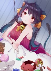 Rule 34 | 1boy, 1girl, alternate hairstyle, animal ears, ashley (warioware), bare shoulders, bed sheet, black hair, blush, blush stickers, book, bow, bowtie, candy, cat ears, cat girl, cat tail, chibi, closed eyes, closed mouth, collar, crossed arms, demon horns, demon tail, eyelashes, food, hair bow, highres, horns, indoors, kemonomimi mode, leash, lollipop, long hair, looking at viewer, lying, meiwari, meme attire, nintendo, on stomach, orange bow, red (warioware), red eyes, red sweater, ribbed sweater, sidelocks, size difference, skull, sleeping, sleeveless, stitched mouth, stitches, stuffed animal, stuffed rabbit, stuffed toy, sweater, tail, twintails, virgin killer sweater, wand, warioware, witch
