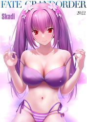 Rule 34 | 1girl, 2022, absurdres, bare shoulders, besmiled, bikini, breasts, character name, closed mouth, collarbone, copyright name, fate/grand order, fate (series), flower, hair flower, hair ornament, highres, holding, holding clothes, holding swimsuit, large breasts, looking at viewer, navel, pink flower, purple flower, purple hair, red eyes, scathach (fate), scathach skadi (fate), scathach skadi (swimsuit ruler) (fate), side-tie bikini bottom, skindentation, smile, solo, stomach, swimsuit, untied bikini