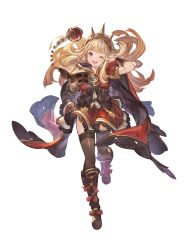 Rule 34 | 1girl, absurdres, blonde hair, book, boots, bracer, cagliostro (granblue fantasy), cape, floating hair, full body, granblue fantasy, granblue fantasy versus, headdress, highres, holding, holding book, long hair, looking at viewer, official art, one eye closed, open book, open mouth, short sleeves, skirt, solo, thighhighs, transparent background, zettai ryouiki