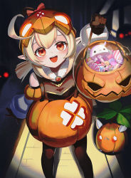Rule 34 | 1girl, ahoge, alternate costume, arm up, bad id, bad pixiv id, bare shoulders, basket, blonde hair, blush, bomb, bow, brown gloves, candy, costume, explosive, film grain, food, genshin impact, gloves, halloween, halloween costume, helmet, holding, holding basket, jack-o&#039;-lantern, jsih, klee (genshin impact), long hair, looking at another, open mouth, orange eyes, pointy ears, pumpkin, red bow, sleeves past wrists, smile, solo, standing, teeth, tongue, twintails, upper teeth only