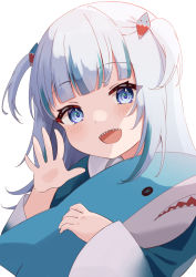 Rule 34 | blue eyes, blue hair, blunt bangs, doll, face, gawr gura, hair ornament, highres, holding, hololive, hololive english, kamachi (kamati0maru), long sleeves, looking at viewer, medium hair, multicolored hair, open mouth, shark, shark hair ornament, sharp teeth, simple background, streaked hair, stuffed toy, teeth, two side up, virtual youtuber, white background, white hair, wide sleeves