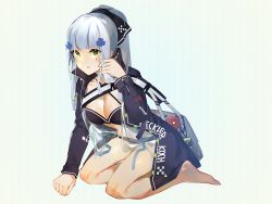 Rule 34 | 1girl, bare legs, barefoot, bikini, black bikini, blunt bangs, blush, breasts, casual, cleavage, clothes writing, criss-cross halter, facial mark, full body, girls&#039; frontline, green eyes, hair ornament, halterneck, hk416 (girls&#039; frontline), jacket, kneeling, long hair, long sleeves, looking at viewer, mania (fd6060 60), medium breasts, open clothes, open jacket, open mouth, playing with hair, silver hair, solo, swimsuit