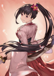 Rule 34 | 10s, 1girl, ayame (kabaneri), back, black hair, bow (weapon), breasts, flower, from behind, hakama, hakama skirt, hand on own chest, holding, holding weapon, japanese clothes, koutetsujou no kabaneri, lialight, long hair, long sleeves, looking back, obi, parted lips, purple eyes, red hakama, sash, shade, skirt, smile, solo, very long hair, weapon, wide sleeves, yomogawa ayame