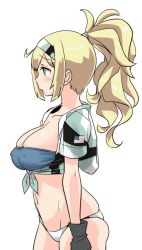 Rule 34 | 1girl, adapted costume, alternate hairstyle, american flag, bikini, black gloves, blonde hair, blue eyes, breasts, cleavage, collarbone, commentary request, cowboy shot, gambier bay (kancolle), gloves, groin, hairband, kantai collection, large breasts, mismatched bikini, multicolored clothes, multicolored gloves, navel, ponytail, profile, shirt, simple background, skindentation, solo, strapless, strapless bikini, swimsuit, tamu (mad works), tied shirt, white background