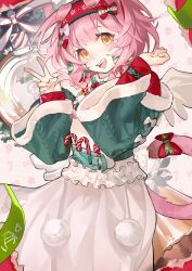 Rule 34 | 1girl, absurdres, animal ears, apron, arknights, awakeningdog, black bracelet, blush, bow, braid, candy, candy cane, cat ears, cat girl, cat tail, cowboy shot, female focus, floppy ears, floral print, flower, food, goldenglow (arknights), goldenglow (maiden for the bright night) (arknights), green sleeves, hair bow, hairband, hands up, highres, layered sleeves, long sleeves, looking at viewer, mistletoe, official alternate costume, open mouth, poinsettia, pom pom (clothes), print hairband, red bow, red hairband, red shirt, shirt, solo, tail, tail bow, tail ornament, teeth, v, white apron, white bow, yellow eyes