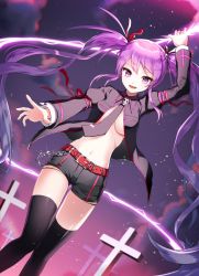 Rule 34 | aisha landar, black shirt, black thighhighs, breasts, chain, cross, dutch angle, elsword, long hair, long sleeves, mechuragi, medium breasts, navel, necktie, open clothes, open mouth, open shirt, purple eyes, purple hair, shirt, short shorts, shorts, smile, solo, thighhighs, thighs, twintails, underboob, very long hair, void princess (elsword)