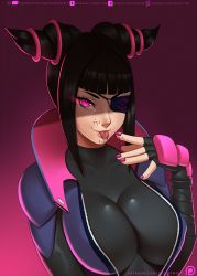 Rule 34 | 1girl, :p, blood, blood on face, blood on hands, blunt bangs, bodysuit, breasts, cleavage, commentary, doom x wolf, english commentary, eyelashes, eyepatch, fingerless gloves, gloves, glowing, glowing eye, han juri, high collar, highres, large breasts, looking at viewer, nail polish, nose, patreon username, purple background, purple eyes, purple nails, short hair with long locks, short twintails, skin tight, solo, street fighter, street fighter v, tongue, tongue out, twintails, unzipped, upper body