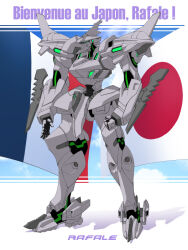 Rule 34 | clenched hand, cloud, french commentary, french flag, french text, full body, green eyes, japanese flag, looking ahead, mecha, muv-luv, muv-luv alternative, official art, open hand, rafale (muv-luv), robot, sky, standing, tactical surface fighter, the euro front