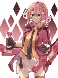 Rule 34 | 1girl, artist request, bob cut, double-parted bangs, eiyuu densetsu, gloves, green eyes, hair ornament, hairclip, holding, holding weapon, jacket, juna crawford, necktie, open clothes, open jacket, pink hair, sen no kiseki, sen no kiseki iv, short hair, shorts, smile, solo, tonfa, weapon