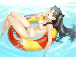 Rule 34 | 00s, 1girl, :d, afloat, armpits, black hair, blue eyes, blush, bow, breasts, cleavage, fate/hollow ataraxia, fate/stay night, fate (series), female pubic hair, from above, hair ribbon, innertube, legs, light rays, long hair, lying, medium breasts, navel, nipples, nude, nude filter, on back, open mouth, parted bangs, pool, pubic hair, public indecency, pussy, reclining, ribbon, smile, soaking feet, solo, sparkle, sunbeam, sunlight, swim ring, takeuchi takashi, thigh gap, third-party edit, tohsaka rin, twintails, type-moon, uncensored, wallpaper, water, wet