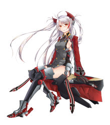 Rule 34 | 1girl, absurdres, azur lane, black gloves, boots, breasts, buttons, clothing cutout, double-breasted, floating hair, full body, gloves, grey hair, grey jacket, headgear, highres, jacket, knee boots, long hair, looking at viewer, medium breasts, multicolored clothes, multicolored hair, multicolored jacket, orange eyes, prinz eugen (azur lane), red gloves, red hair, red jacket, sherlyn ryn, side cutout, sideboob, simple background, sitting, solo, streaked hair, two-tone gloves, two-tone hair, two-tone jacket, white background