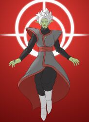 1boy black_bodysuit black_pants bodysuit boots colored_skin dragon_ball dragon_ball_super earrings fused_zamasu green_skin grey_eyes halo jewelry ki_z77 long_sleeves looking_down open_mouth pants pointy_ears potara_earrings red_background red_sash ring sash smile solo spiked_hair white_footwear white_hair