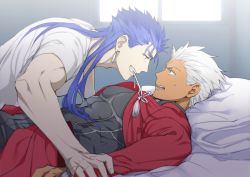 Rule 34 | 2boys, alternate costume, archer (fate), blue hair, casual, couple, cu chulainn (fate), dark skin, dark-skinned male, earrings, emya, eye contact, fate/grand order, fate/stay night, fate (series), grey eyes, hand on another&#039;s arm, jewelry, cu chulainn (fate/stay night), looking at another, male focus, multiple boys, muscular, pectorals, red eyes, short hair, sweatdrop, undressing another, white hair, yaoi